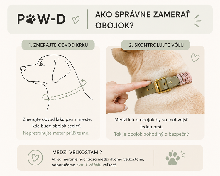 Ako správne zamerať obojok: zmerajte obvod krku v mieste, kde bude obojok sedieť, a medzi krk a obojok by sa mal vojsť jeden prst. Ak ste medzi veľkosťami, zvoľte väčšiu.